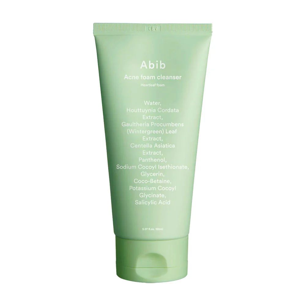 Green tube of Abib Acne foam cleanser Heartleaf on a white background