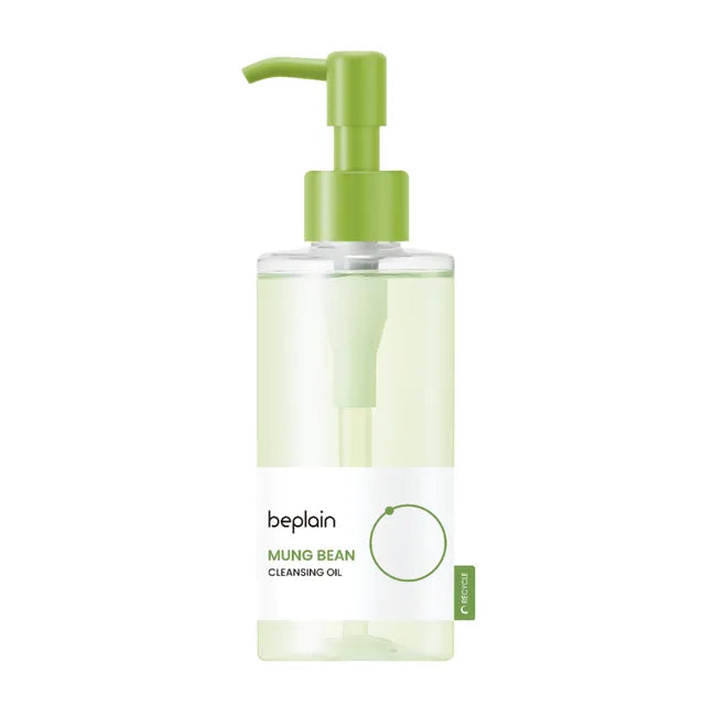 Bottle of beplain Mung Bean Cleansing Oil with green pump on a white background - 200ml