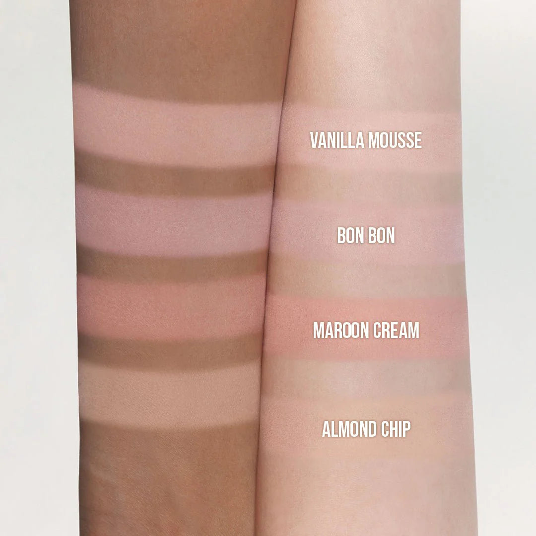 DASIQUE Blending Mood Cheek Ice Cream Edition 09 Almond Vanilla. Colour swatches labelled 'Vanilla Mousse', 'Bon Bon', 'Maroon Cream', and 'Almond Chip' on a skin-like background.