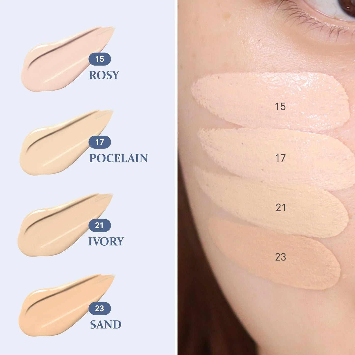 Hince Second Skin Mesh Matte Cushion color swatches labelled with shades and a close-up of skin with applied makeup.
