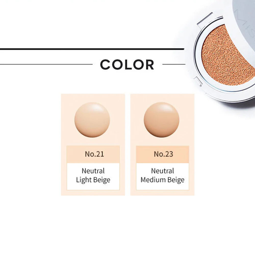 Missha Magic Cushion Cover Lasting. Two beige color swatches labeled 'No.21 Neutral Light Beige' and 'No.23 Neutral Medium Beige' with a compact powder case.