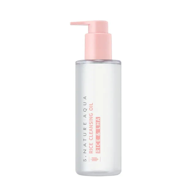 Bottle of S.Nature Aqua Rice Cleansing Oil with a pink pump on a white background