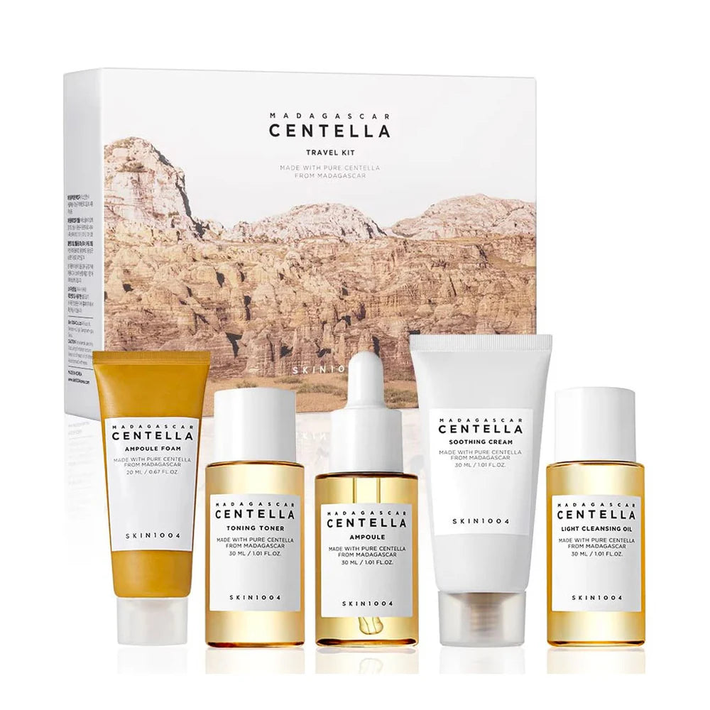 Skin1004 Madagascar Centella 5 pieces Travel Kit - Light Cleansing Oil. Ampoule Foam. Toning Toner. Ampoule. Soothing Cream