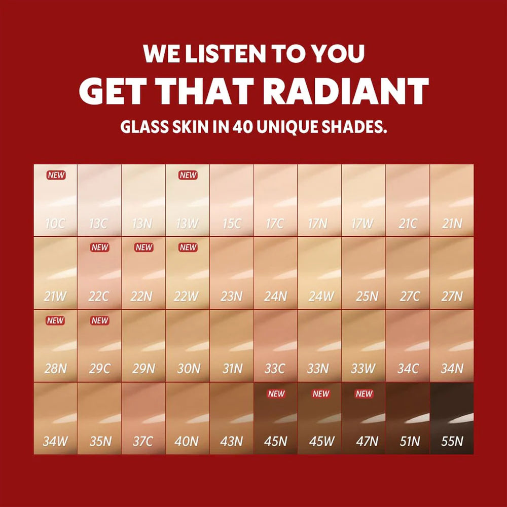TirTir Mask Fit Red Cushion color swatch chart with shades of beige and brown on a red background, featuring text about skin tones.