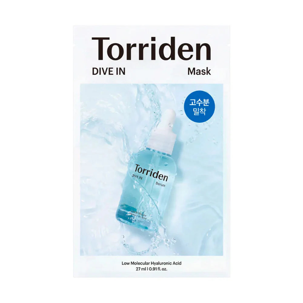 Torriden DIVE-IN Low Molecule Hyaluronic Acid Mask in blue and white package