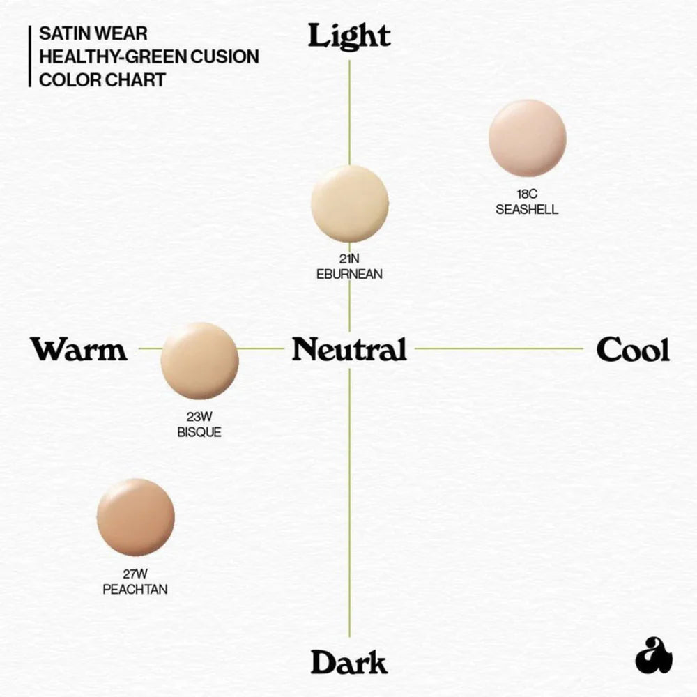 Color chart for Unleashia Satin Wear Healthy Green Cushion with beige swatches labeled.