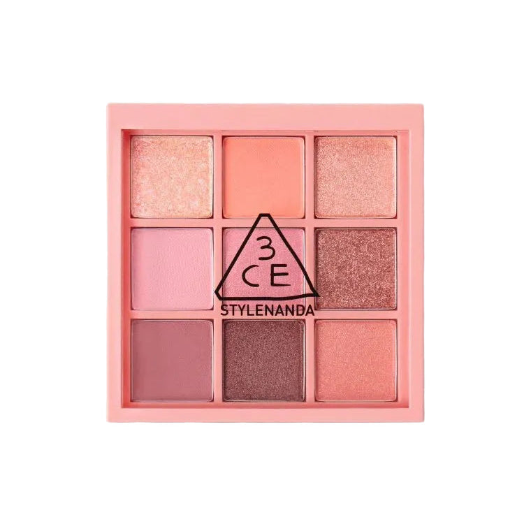 Makeup palette with multiple shades of pink and brown, featuring the 3CE logo on a white background - 3CE Multi Eye Color Palette Mood For Blossom Edition