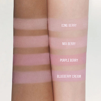 DASIQUE Blending Mood Cheek Ice Cream Edition 08 Blueberry Sorbet - Colour swatches on skin labelled 'Icing Berry', 'Mix Berry', 'Purple Berry', and 'Blueberry Cream'.