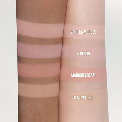 DASIQUE Blending Mood Cheek Ice Cream Edition 09 Almond Vanilla. Colour swatches labelled 'Vanilla Mousse', 'Bon Bon', 'Maroon Cream', and 'Almond Chip' on a skin-like background.
