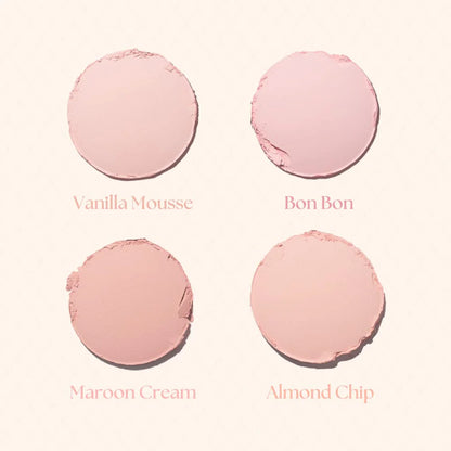 DASIQUE Blending Mood Cheek Ice Cream Edition 09 Almond Vanilla. Four pink makeup samples labeled 'Vanilla Mousse', 'Bon Bon', 'Maroon Cream', and 'Almond Chip' on a light pink background.
