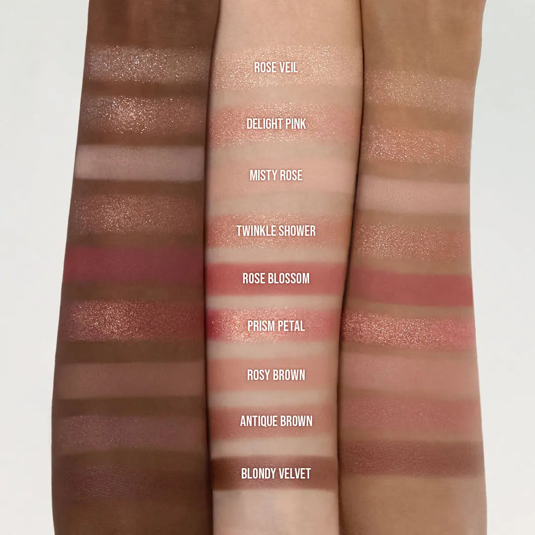 DASIQUE Shadow Palette 02 Rose Petal swatches in various shades with labels on a white background