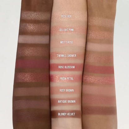 DASIQUE Shadow Palette 02 Rose Petal swatches in various shades with labels on a white background