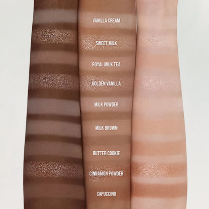 DASIQUE Shadow Palette 07 Milk Latte. Colour swatches of various shades with labelled names on a white background