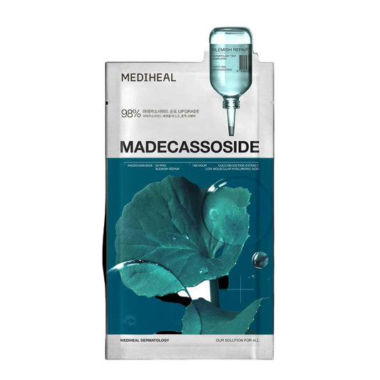 Mediheal Madecassoside skincare product packaging with green leaf design on a white background