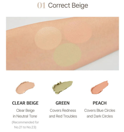 Cosmetic swatches labeled 'Clear Beige', 'Green', and 'Peach' on a neutral background. Triple pot concealer with 'the SAEM' branding on a white background 01 Correct Beige