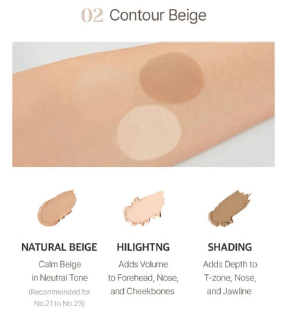 Triple pot concealer with 'the SAEM' branding on a white background 02 Contour Beige. Contour beige makeup swatches on an arm with application tips.