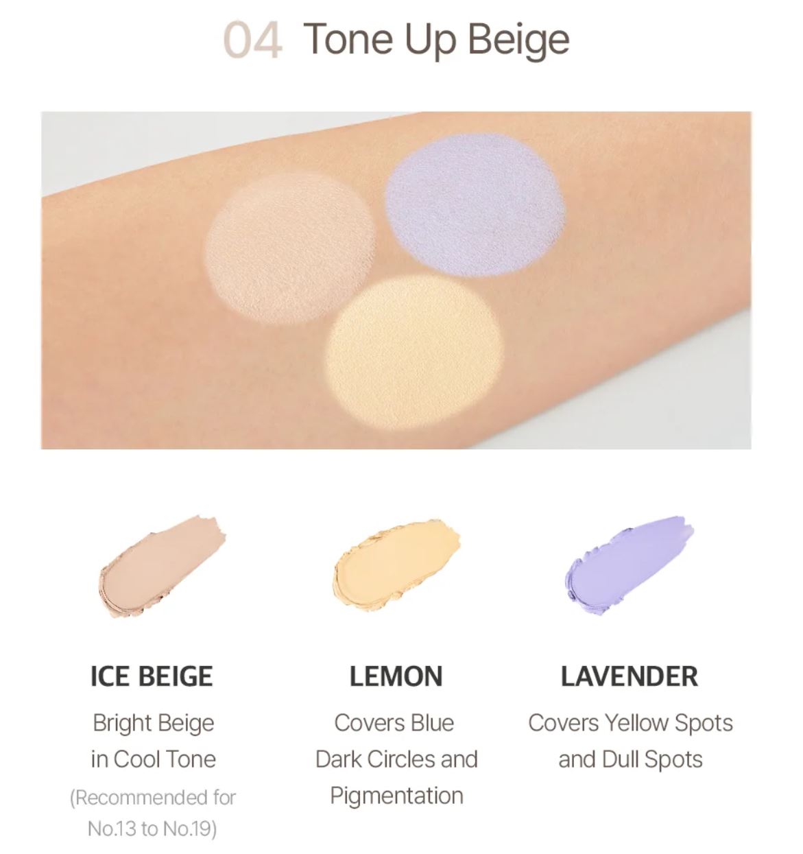 Triple pot concealer with 'the SAEM' branding on a white background 04 Tone Up Beige. Cosmetic colour swatches labelled 'Ice Beige', 'Lemon', and 'Lavender' on a skin-toned background.
