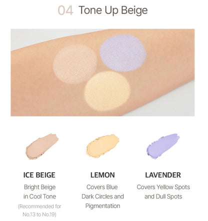 Triple pot concealer with 'the SAEM' branding on a white background 04 Tone Up Beige. Cosmetic colour swatches labelled 'Ice Beige', 'Lemon', and 'Lavender' on a skin-toned background.